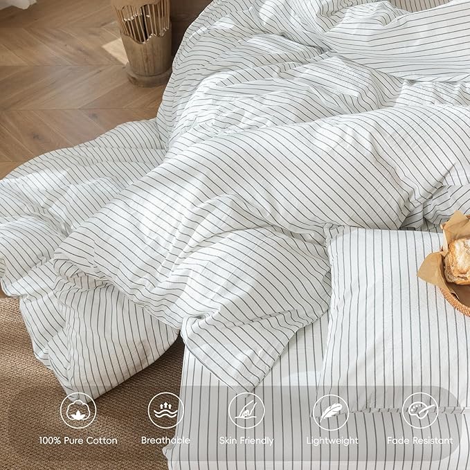 MooMee Striped Duvet Cover Set 100% Washed Cotton Linen Like Textured Breathable Durable Soft Comfy (White Heathered Green Wide Stripes, Twin 68"x90")
