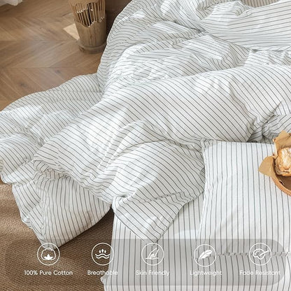 MooMee Striped Duvet Cover Set 100% Washed Cotton Linen Like Textured Breathable Durable Soft Comfy (White Heathered Green Wide Stripes, Palatial King/Oversized King 120"x98")