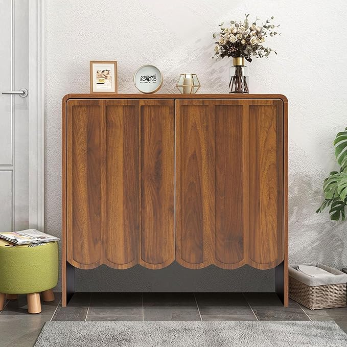 ORRD Sideboard Buffet Cabinet Set of 2, Accent Storage Cabinets with 2 Doors, Farmhouse Wood Cabinet with Adjustable Shelves and Wave Panel for Living Room, Dining Room, Entry - Walnut