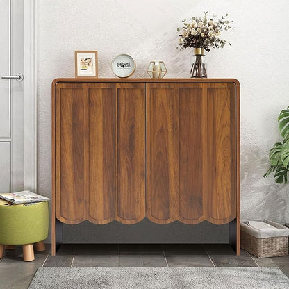 ORRD Sideboard Buffet Cabinet Set of 2, Accent Storage Cabinets with 2 Doors, Farmhouse Wood Cabinet with Adjustable Shelves and Wave Panel for Living Room, Dining Room, Entry - Walnut