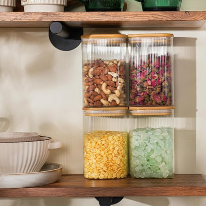 37oz Airtight Glass Square Storage Canisters with Bamboo Lids Set of 4 (1100ml) Striped Stackable Containers, Kitchen Jars for Pantry Noodles, Flour and Coffee beans (‎with Black Lable)