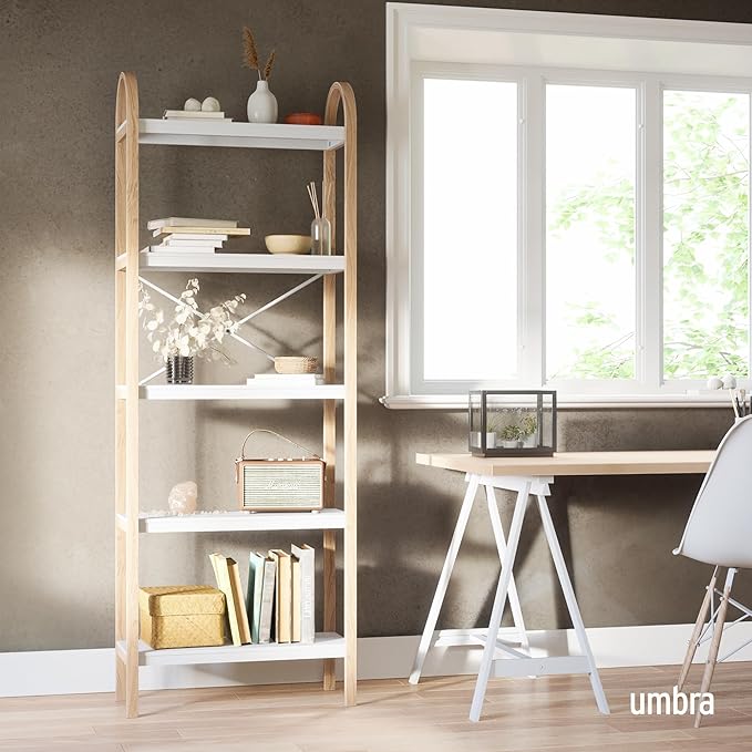Umbra Bellwood Five-Tier Shelf Bookcase Display with 5 Shelves, White/Natural