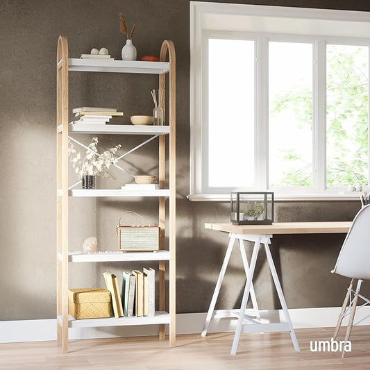 Umbra Bellwood Five-Tier Shelf Bookcase Display with 5 Shelves, White/Natural