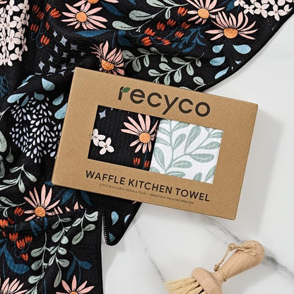 RECYCO Waffle Kitchen Towels Set of 2 Quick Dry Microfiber Sustainable Lightweight Hand Towels Enchanted Bloom 16x28