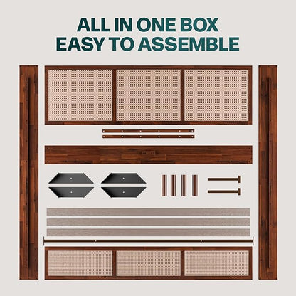 Bme Nancy King Size Bed Frame and Headboard, Unique Geometric Headboard, US Patent Pending Design, Mid Century Modern Style, Acacia Wood, 12 Slats, No Box Spring Needed, Easy Assembly, Dark Chocolate