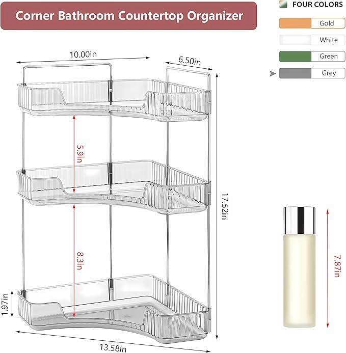 Corner Bathroom Counter Organizer Bathroom Countertop Shelf Makeup Organizer for Vanity Perfume Corner Storage (3 Tiers, Grey)