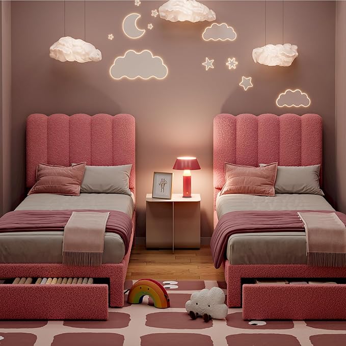 GarveeHome 2 Sets Twin Bed Frame with Under-Bed Drawer, Upholstered Platform Bed with Wave Headboard for Kids/Girls, Wooden Slats Support, No Box Spring Needed, Boucle Pink