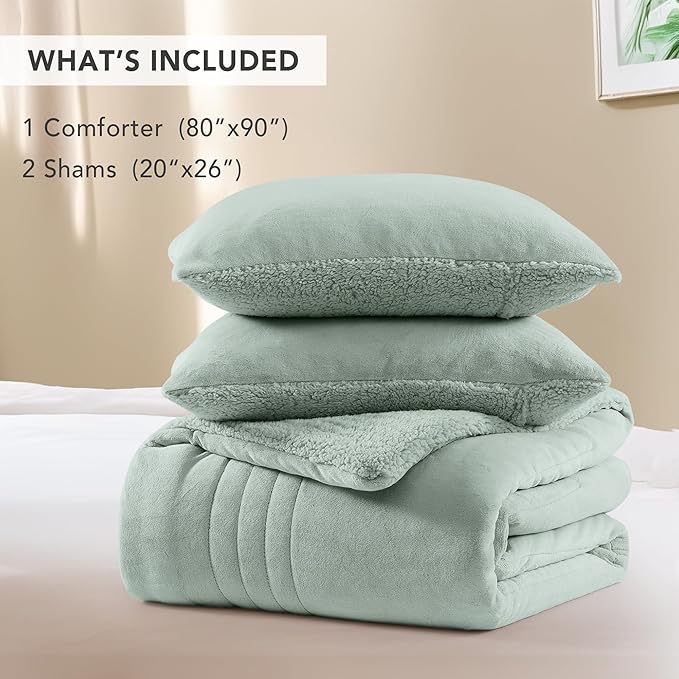Monbix Fluffy Full Comforter Set Sage Green, Sherpa Plush Fuzzy Comforter 3 Piece for Full Size Bed, Luxury Soft Winter Warm Bedding Set