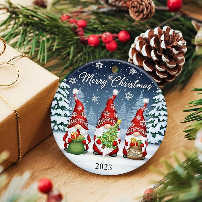 ZAGKOO Gnome Christmas Ornaments 2025 - Gnomes Gifts for Women - Gnome Ornament for Christmas Tree, Winter Gnomes Merry Xmas Decoration for Tree - Ceramic Dated Hanging Ornament 2025 Decoration