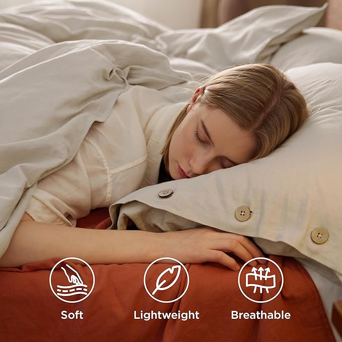 Bedsure Linen Duvet Cover Queen Size - Linen Cotton Blend Bedding Set, Soft & Cozy, 3 Pieces, 1 Duvet Cover 90x90 Inches and 2 Pillowcases, Light Khaki Color Cooling Bedding, Comforter Sold Separately