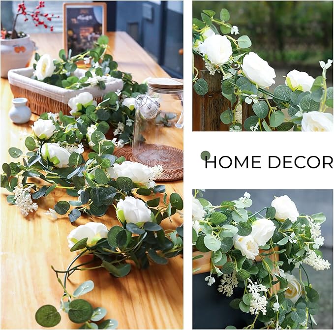 Der Rose 4 Pcs 13Ft Artificial Eucalyptus Flower Garland with Fake Silk Rose Flower Vine Seeded Eucalyptus Leaves Greenery Garland for Wedding Arch Table Wall Backdrop Party Room Decor (White)