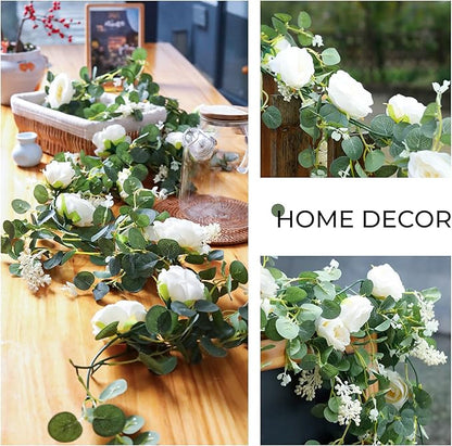Der Rose 4 Pcs 13Ft Artificial Eucalyptus Flower Garland with Fake Silk Rose Flower Vine Seeded Eucalyptus Leaves Greenery Garland for Wedding Arch Table Wall Backdrop Party Room Decor (White)