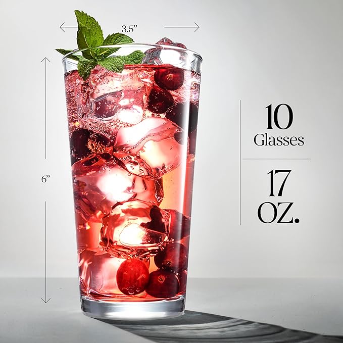 Drinking Glasses Set 17 OZ. Oversized Pint Beer Glasses, Highball Glass Cups, Juice, Cocktails, Wine, Iced Tea, Bar Glass. Dishwasher Safe. (Set of 10)
