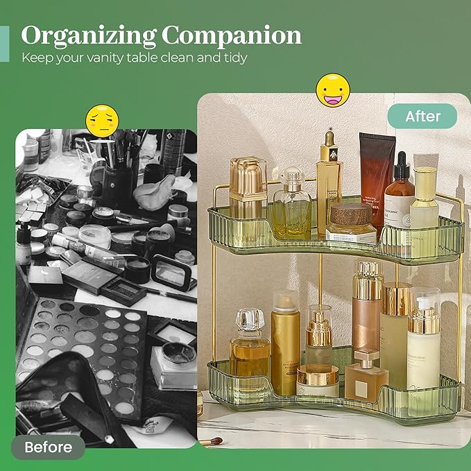 Aveniee Corner Bathroom Counter Organizer, Bathroom Countertop Shelf Makeup Organizer for Vanity Perfume Corner Storage (2 Tiers, Green)