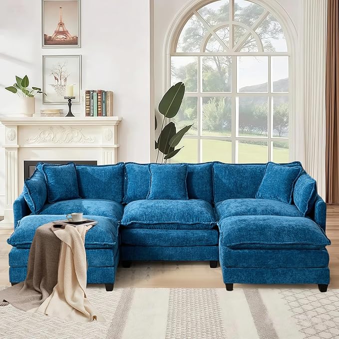 SoarFlash 107.4" Chenille Sectional Sofa, Comfy U Shaped Modular Coush Sofa with Ottoman, Modern 4 Seat Couch Deep Seat Sofa Set for Living Room,Blue