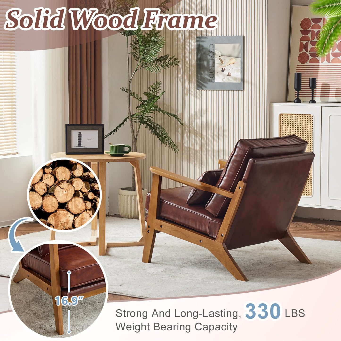 VINGLI Solid Wood Wide Armrests Accent Chair,Upholstered Mid Century Modern Chair with Pillow,Comfy Reading Chair Farmhouse Arm Chair,Chairs Living Room,Bedroom,Guest Room,Teddy Fleece,Khaki