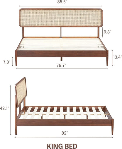 NTC Lupin Wooden Bed Frame with Headboard and Natural Rattan, Solid Oak/Rubber Wood Foundation with Silent Slats, 1000 Lb Capacity, Effortless Assembly (Natural Cane - Dark Walnut, King)