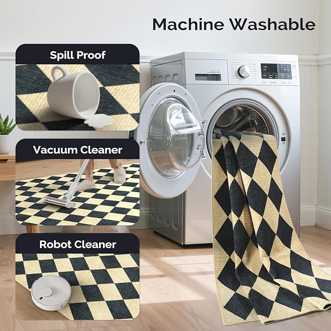 LIVEBOX 5x7 Checkered Rugs for Living Room, Washable Diamond Rug Non-Slip Modern Neutral Geometric Plaid Area Rugs for Bedroom, Low Pile Farmhouse Carpet for Office Kids Room Classroom Dorm, Black