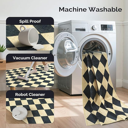 LIVEBOX 5x7 Checkered Rugs for Living Room, Washable Diamond Rug Non-Slip Modern Neutral Geometric Plaid Area Rugs for Bedroom, Low Pile Farmhouse Carpet for Office Kids Room Classroom Dorm, Black