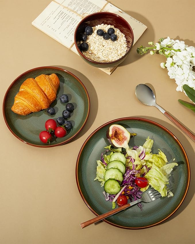 Stoneware Dinnerware Sets for 6, Microwave Safe Plate and Bowl Set, Easy to Clean & Durable Dishes Sets for Small to Medium Families, Sage Green