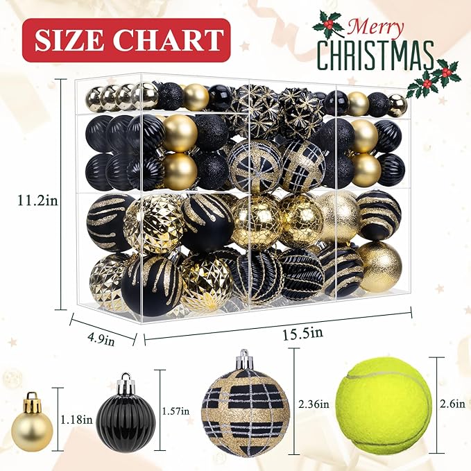 100ct Christmas Ball Ornaments Set, Black and Gold Shatterproof Hand-Painted Hanging Baubles Decoration Bulk for Xmas Tree, Wreath, Garland, Home Holiday Decor