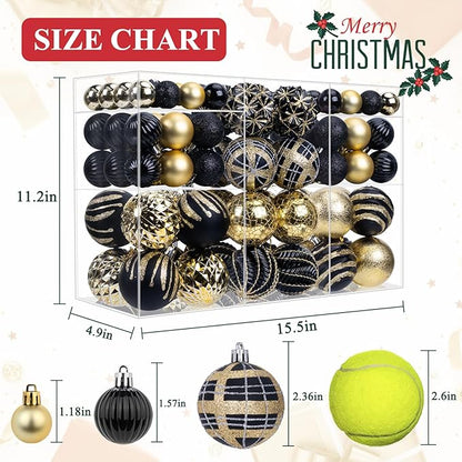 100ct Christmas Ball Ornaments Set, Black and Gold Shatterproof Hand-Painted Hanging Baubles Decoration Bulk for Xmas Tree, Wreath, Garland, Home Holiday Decor