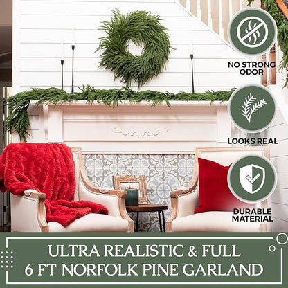 Extra Full 6 ft Real Touch Norfolk Pine Garland Realistic 6ft, Christmas Garland for Mantle, Soft and Bendable Real Touch Garland Christmas Greenery, Evergreen Christmas Garlands for Fireplace, Stairs