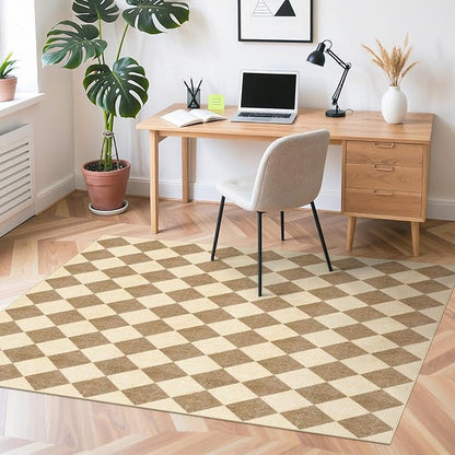 LIVEBOX 5x7 Checkered Rugs for Living Room, Washable Diamond Rug Non-Slip Modern Neutral Geometric Plaid Area Rugs for Bedroom Boys, Low Pile Farmhouse Carpet for Dinning Room Classroom, Brown