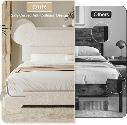 Full Size Boucle Bed Frame, Upholstered Full with Headboard, Soft BedFrame with Thickened Footboard, Soft Rounded Corners, No Box Spring Required, Easy Assembly, Cream