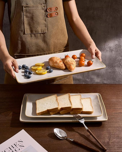 famiware Serving Platter, Rectangular 15.67/14.1/12.6inch Serving Dishes for Entertaining, Microwave Dishwasher Safe, Stoneware for Party, Turkey, Cheese, Ocean Series, Cappuccino White