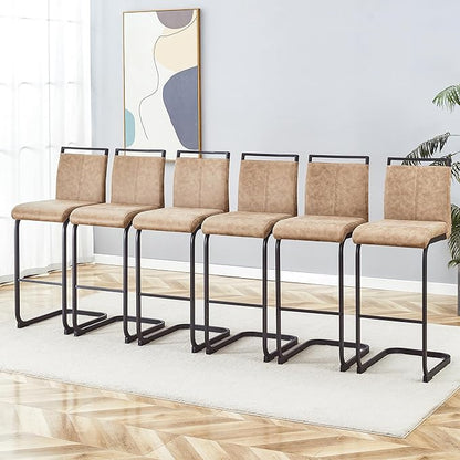 Bar Stools Set of 6, 30" H Counter Height Bar Stools with Footrest, Brown Faux Leather, Black Painted Metal Leg Dining Chair