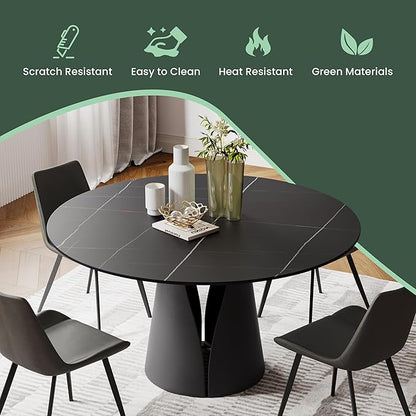 POVISON 51" Round Dining Table for 4, Modern Dining Table Round, Matte Black Sintered Stone Tabletop with Solid Black Carbon Steel Pedestal (Dining Rooom Table Only)