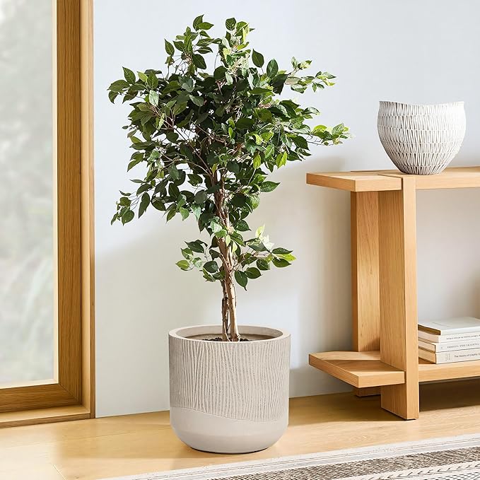 LuxenHome 12 Inch Dia Round Concrete Planter, Indoor Outdoor Large Plant Pot with Drainage Hole and Rubber Plug, Decorative Flower Pot for Plants, Blended Tan Tapered Planter for Home Patio Garden