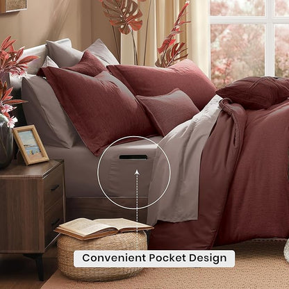 Monbix King Size Comforter Set, 7 Pieces Dark Red King Size Bed Set Reversible,Cationic Dyeing Bed in a Bag with Comforter, Sheets, Pillowcases & Shams