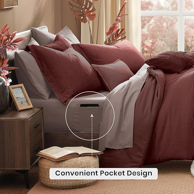 Monbix Full Size Comforter Set, Dark Red Bedding Comforter for Full Size Bed Set Reversible, Bedding Sets Full 7 Pieces, Cationic Dyeing Bed in a Bag with Comforter, Sheets, Pillowcases & Shams