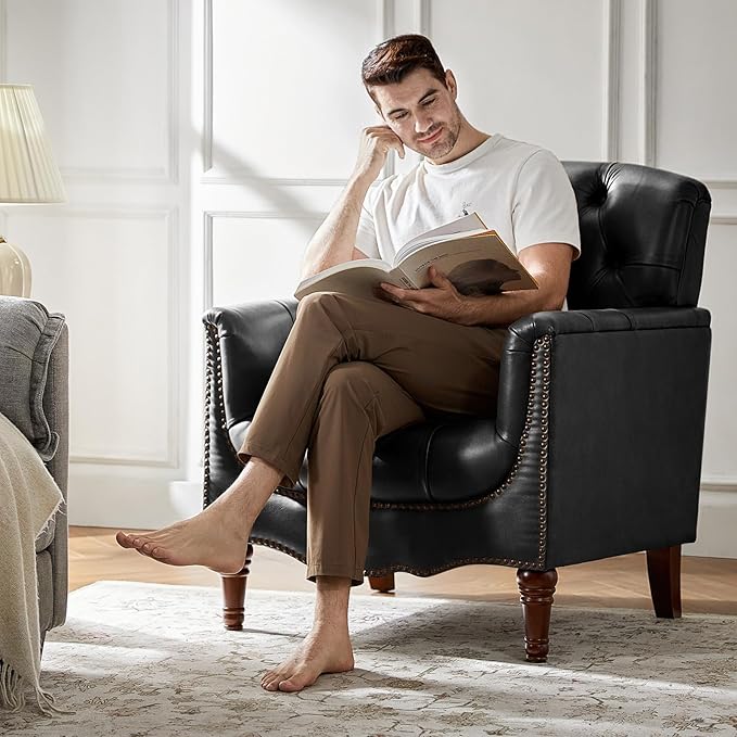 HULALA HOME Mid Century Modern Leather Club Chairs, Top-Grain Genuine Leather Armchairs with Button-Tufted Back & Solid Wood Legs, Accent Chairs for Living Room/Bedroom/Home Office, Black