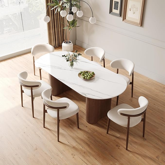 71" Modern Oval Dining Table for 6, Glossy White Sintered Stone Dining Tabletop with Brown Dual-Pedestal, Easy Assembly Dining Room Table for Home Kitchen (Table Only)