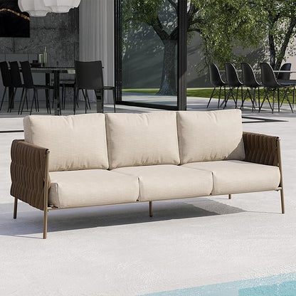 EAST OAK Life Chatter Outdoor Patio Furniture | Outdoor Seating 3 Seats with Waterproof Thick Cushions | Deep Seating Modern Patio for Garden, Porch, Balcony & Backyard | Chestnut & Apricot