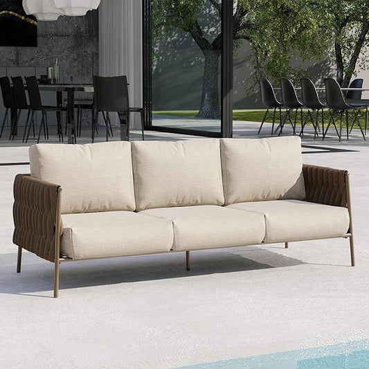 EAST OAK Life Chatter Outdoor Patio Furniture | Outdoor Seating 3 Seats with Waterproof Thick Cushions | Deep Seating Modern Patio for Garden, Porch, Balcony & Backyard | Chestnut & Apricot