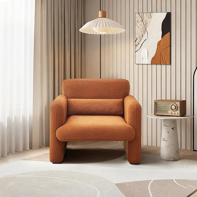 33.86" Accent Chairs, Modern Sherpa Fabric Armed Chair Comfy Upholstered Armchair Leisure Single Sofa Chair with a Waist Pillow for Bedroom, Office and Living Room