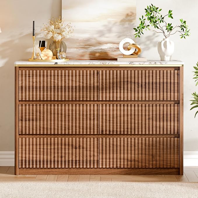 Fluted Dresser for Bedroom with 6 Drawers, 47.2" Modern Chest of Drawers with Faux Marble Top, Curved Profile Design,Dresser TV Stand, Wood Drawer Organizer for Living Room, Hallway, Walnut