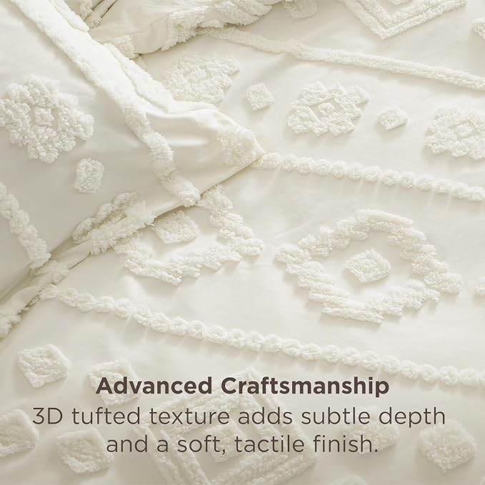 Bedsure Queen Size Comforter Set - White Tufted Boho Bed Set, Farmhouse Shabby Chic Embroidery Bedding for All Seasons, 3 Pieces, 1 Soft Jacquard Queen Comforter and 2 Pillow Shams