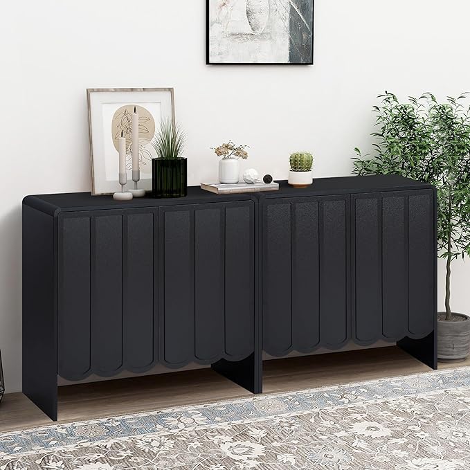 ORRD Sideboard Buffet Cabinet Set of 2, Accent Storage Cabinet with 2 Doors, Farmhouse Wood Cabinet with Adjustable Shelves and Wave Panel for Living Room, Dining Room, Entry - Black