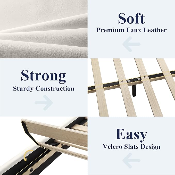 Allewie Full Size Bed Frame with Adjustable Headboard, Faux Leather Platform Bed with Wood Slats, Heavy Duty Mattress Foundation, No Box Spring Needed, Noise-Free, Easy Assembly, White