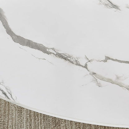 Oval Glass Coffee Table, Mid-Century Modern Design, L43 x W22 x H17 inch, Surfboard Shaped Clear Glass Top and White Marble Finish Wood Shelf, Tapered Legs with Gold Finish Frame