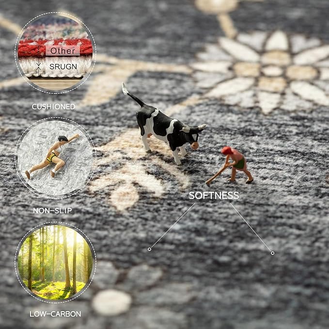 Washable Rugs 8x10 Area Rugs for Living Room,Rugs for Bedroom,Large Carpets,Ultra Soft Faux Wool Retro Dining Room Rug,Non Slip&Non-Shedding Low Pile Vintage Print Rug for Home Office-Black