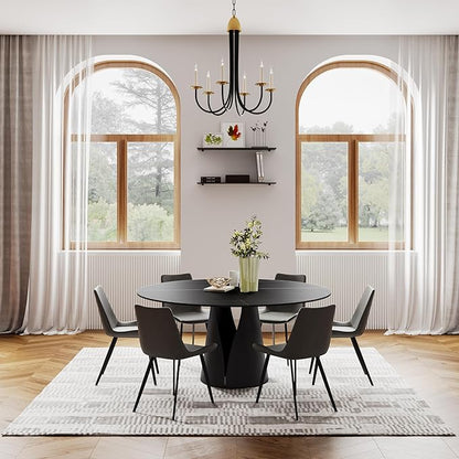 POVISON 51" Round Dining Table for 4, Modern Dining Table Round, Matte Black Sintered Stone Tabletop with Solid Black Carbon Steel Pedestal (Dining Rooom Table Only)