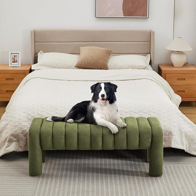 43’’ End of Bed Bench, Modern Boucle Entryway Bench, Upholstered Ottoman Stool with Full Coverage Fabrics, Ottoman for Bedroom, Living Room, Dining Room, Green