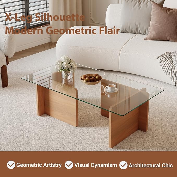 Modern Glass Coffee Table, Artistic Rectangular Coffee Table with Tempered Glass Top and Geometric Wooden Base, Designer Minimalist Center Table for Living Room, Small Space, Apartment, Office