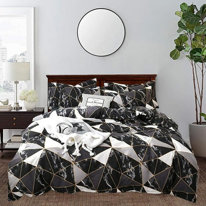 CLOTHKNOW Black Grey White Queen Comforter Set Marble Bedding Comforter Sets Soft Triangle Geometric Comforter with 2 x Pillow Cases